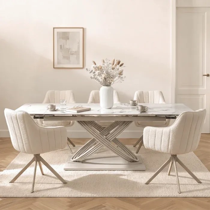 Stół Rozkładany Prostokątny IBIZA 160-240 cm Ceramiczny Biały Marmur/Kaszmir Japandi