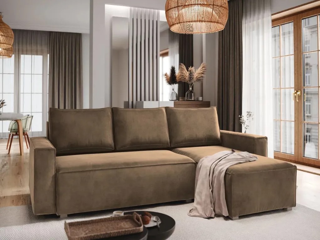 PROMOCJA Jasnobrązowa rozkładana narożna sofa CAVELO, dwustronna II. jakość