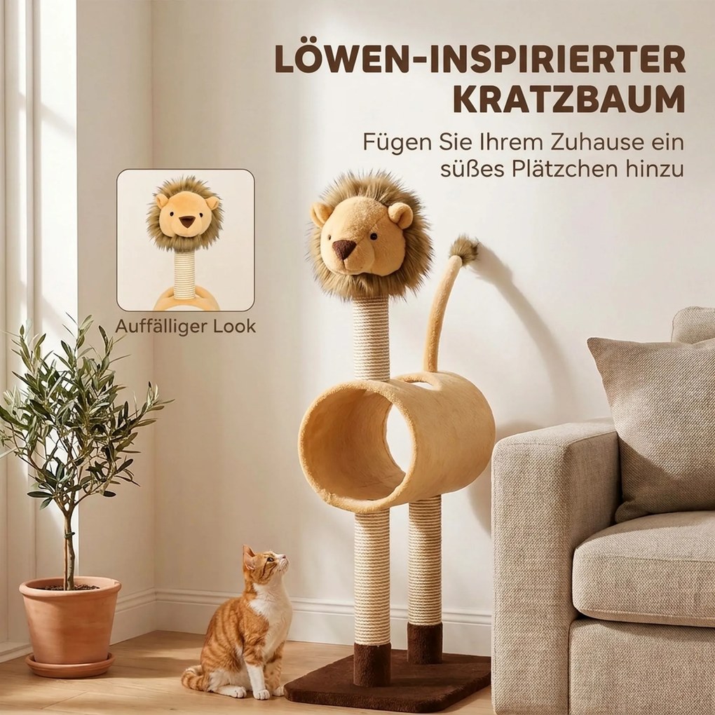 PawHut Drapak 104 cm drzewko dla kota w kształcie lwa, słupki do drapania, tunel, wiszący ogonek do 7 kg, jasnobrązowy | Aosom PL