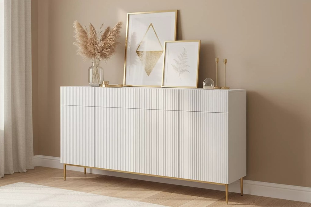 Komoda z szufladami Nicole 200 cm - biały mat / złote nóżki