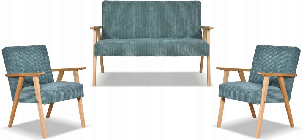 Zestaw mebli PRL retro SOLER sofa fotele Family Meble turkus sztruks Anafi