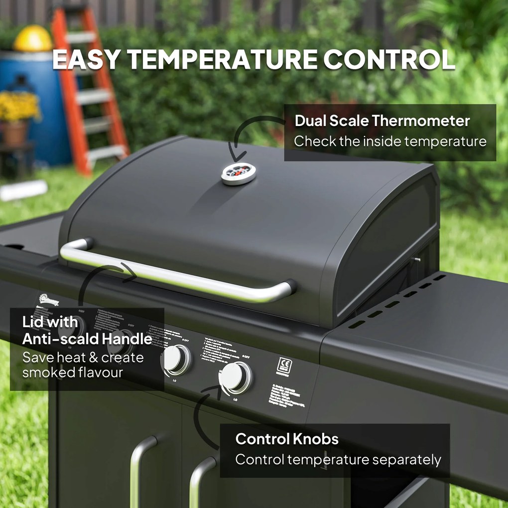 Outsunny Grill Gazowy 15,2 KW na Wózku z 5 Palnikami Nierdzewnymi Boczny Palnik 129,5 x 56 x 110 cm Czarny