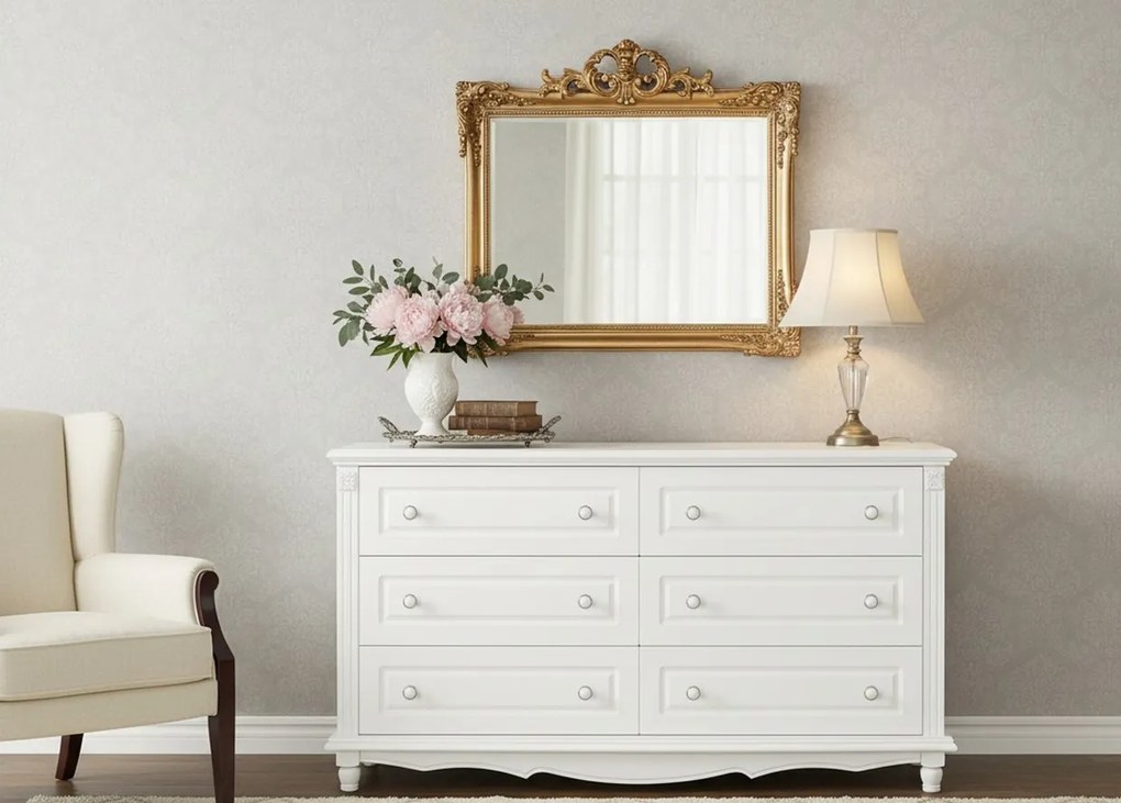 Biała komoda z szufladami Nelia. 6 pojemnych szuflad w dwóch rzędach, białe gałki, frezowania. Komoda do salonu, komoda do sypialni.