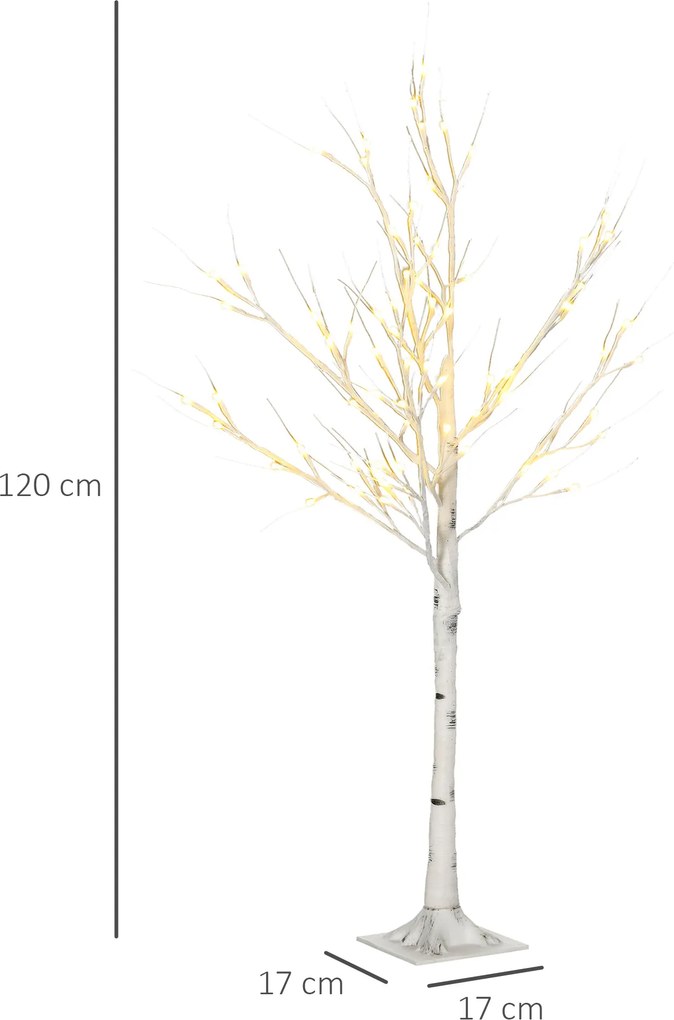 HOMCOM Sztuczne Drzewo, Sztuczna Brzoza z Oświetleniem LED, Ciepłobiałe, Realistyczna Biała Kora, 17Dł x 17Szer x 120Wys cm