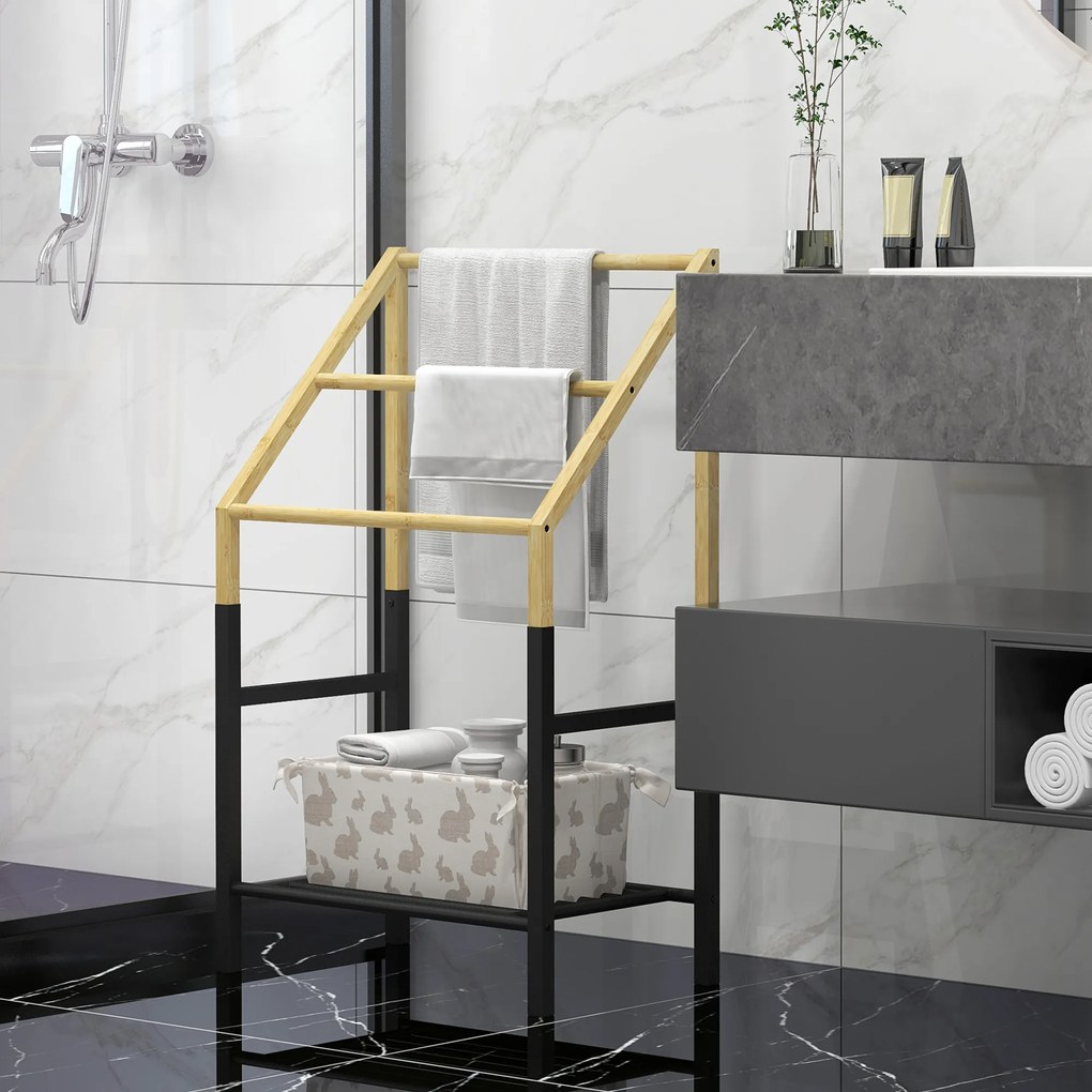 HOMCOM Uchwyt na Ręczniki, Wolnostojący, 3 Pręty, 51x31x85,5cm, Czarny/Drewno naturalne