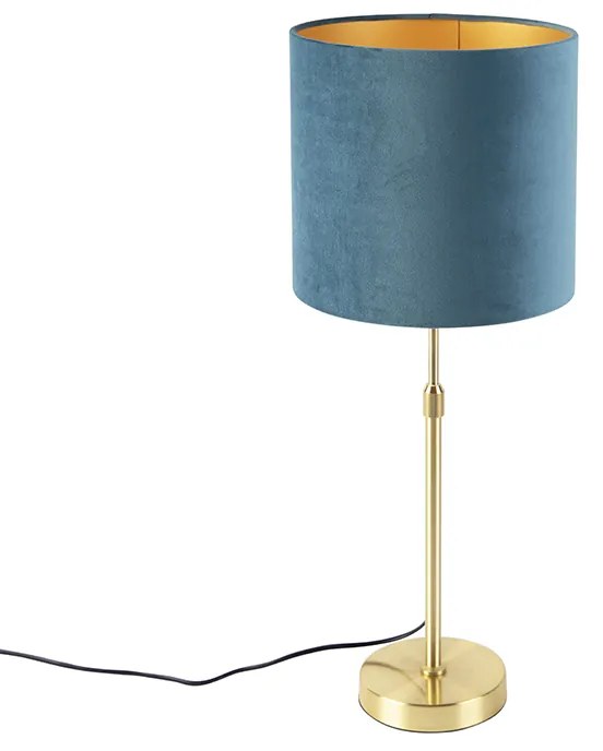 Lampa stołowa złota/mosiężna z niebieskim aksamitnym kloszem 25 cm - ParteWiejski/ Rustykalny / Vintage Oswietlenie wewnetrzne