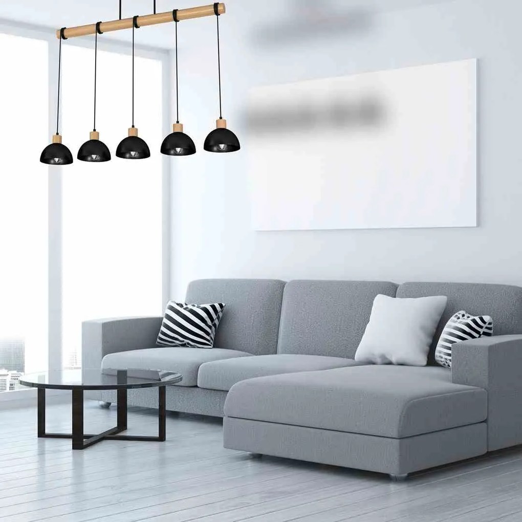 Lampa wisząca, czarna, drewno, 5 kloszy ERIK Black/Wood 5xE27