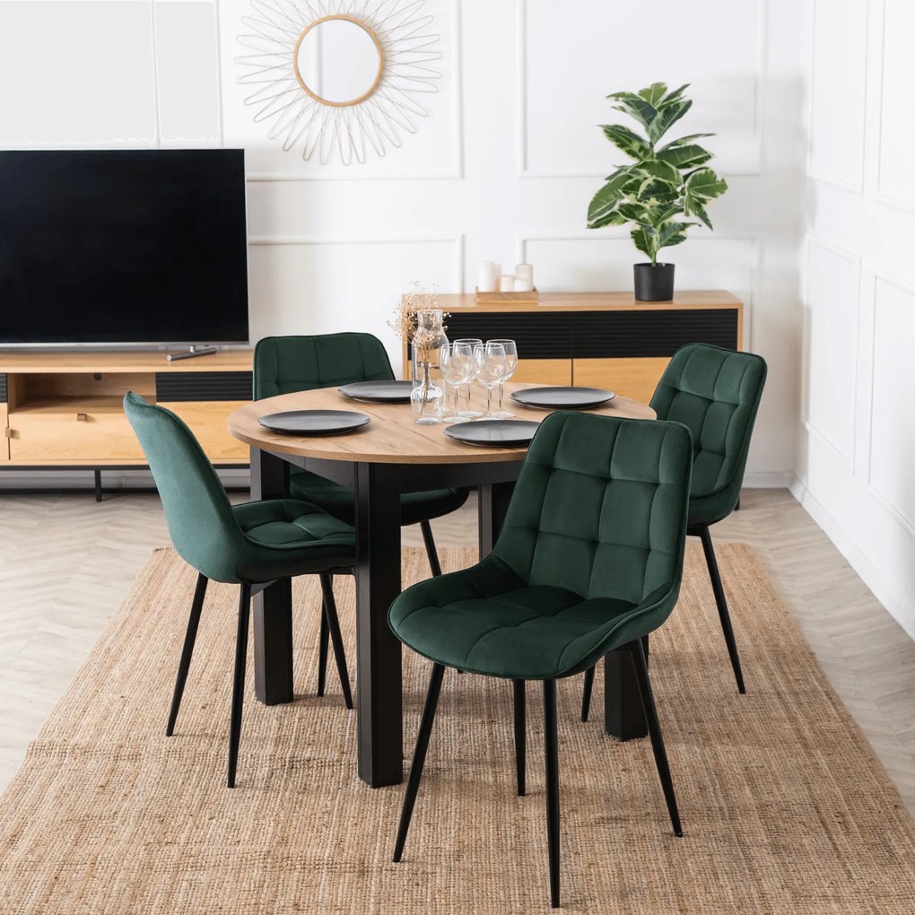 Zestaw Stół Okrągły Rozkładany HARRY 102-142 cm Dąb Craft/Czarny i 4 Krzesła Tapicerowane CHRIS Zielone Nowoczesne