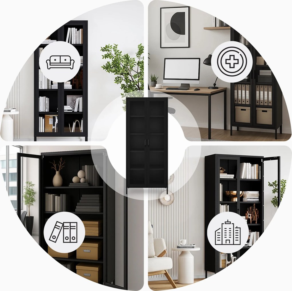 Witryna szklana do salonu metalowa czarna ANGELO Modern 800 x 1850 x 450 mm