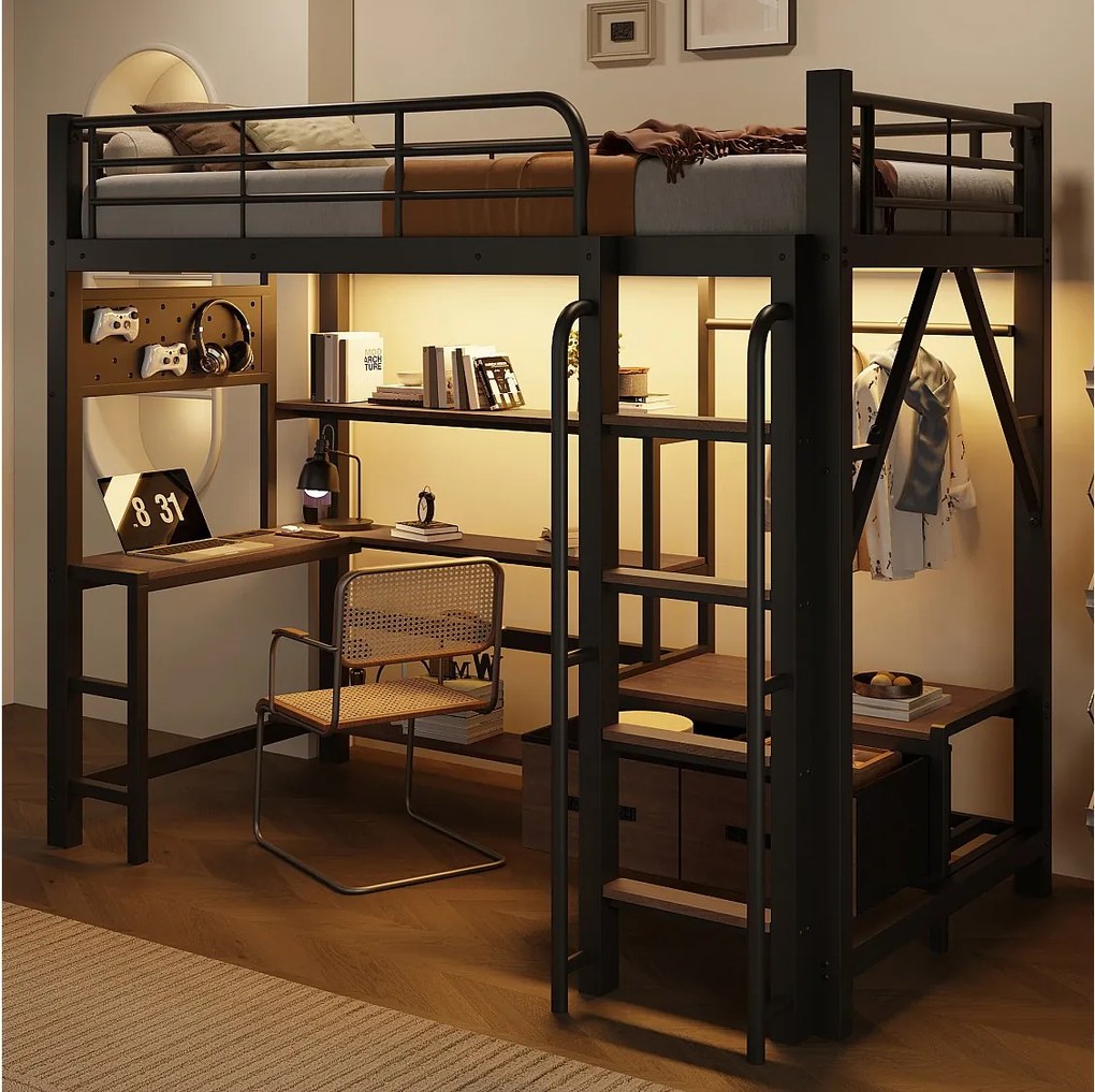 Łóżko piętrowe 90 x 200 cm z biurkiem, półkami, szafą i ścianką perforowaną – Metal i MDF – LED + USB – Czarne (Materac nie jest wliczony w cenę)