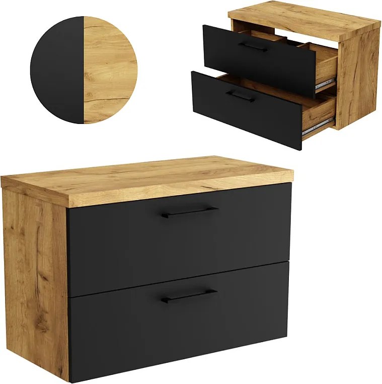 Szafka Łazienkowa Wisząca 80 cm Pod Umywalkę Nablatowa Komoda Dąb Czarna