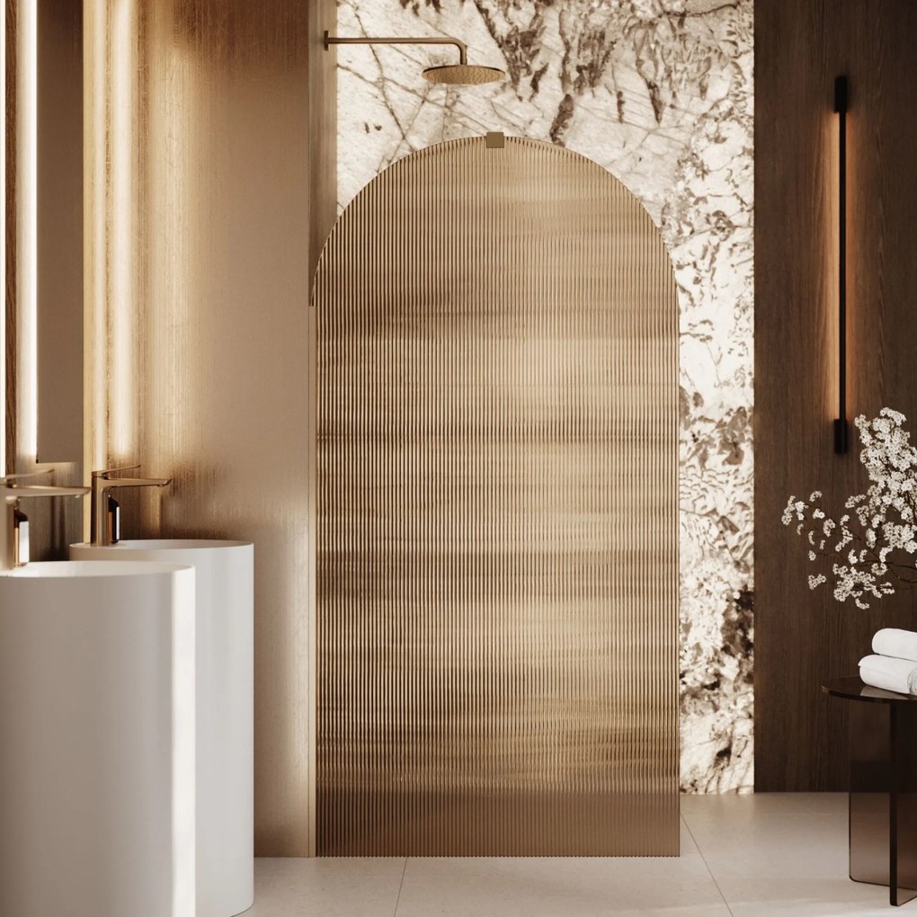 Ścianka prysznicowa WALK IN FIX brązowa półokrągła ryflowana 8mm ARTE WELLE Brown Oval MASSI | Różne rozmiary : Kolor profili kabiny - złoty szczotkowany, Szerokość ścianki - 90 cm , Typ montażu - WALK in FIX (Do ściany)