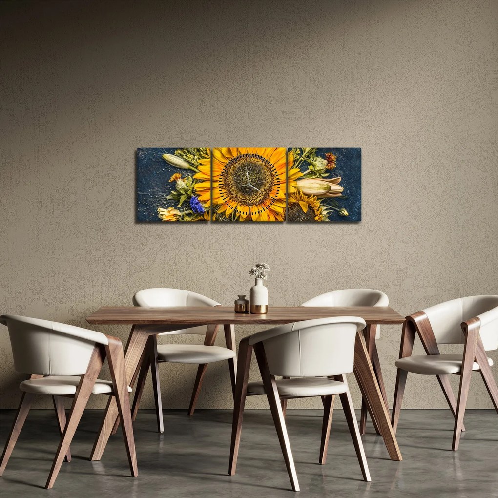 Obraz - Jesienne kwiaty (z zegarem) (90x30 cm)