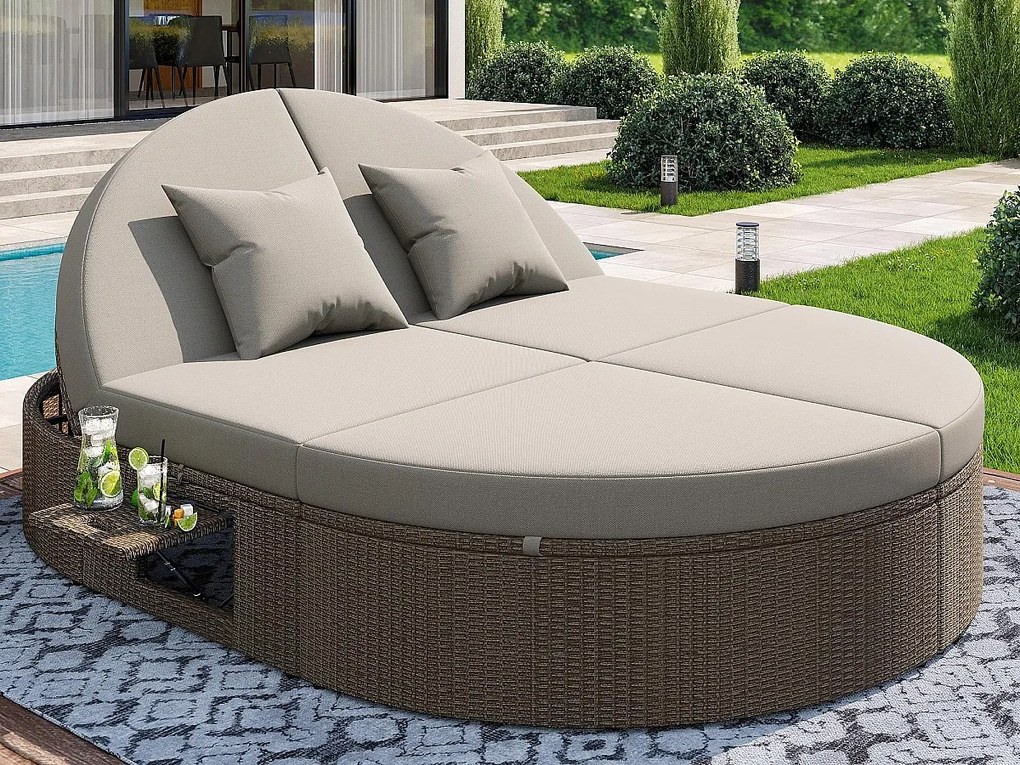 Podwójny leżak z rattanu - Leżak ogrodowy z boczną ramą - Indywidualnie regulowany kąt - Z poduszkami - 2 miejsca - Szary