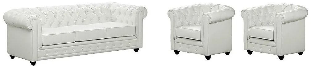 Kanapa 3-osobowa i 2 fotele CHESTERFIELD - Z ekoskóry - Biały