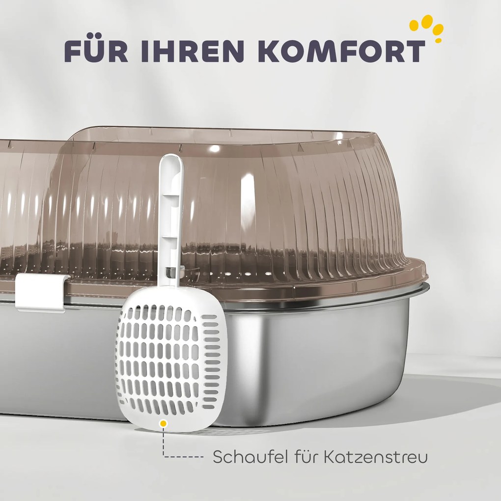 PawHut Kuweta ze stali nierdzewnej, toaleta dla kota z wysokim brzegiem, wanienka, w zestawie łopatka, dla dużych kotów, 53x42x27cm, antracytowy | Aosom PL