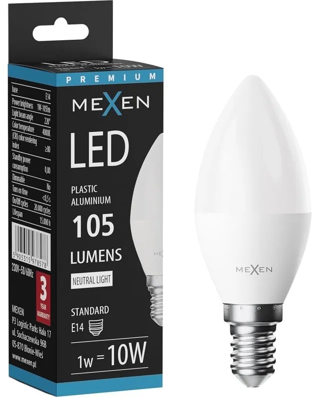 Mexen Nova żarówka LED E14, C37, 1W, Neutralna - 4000K, 105 lm - L102-E14-0140-01