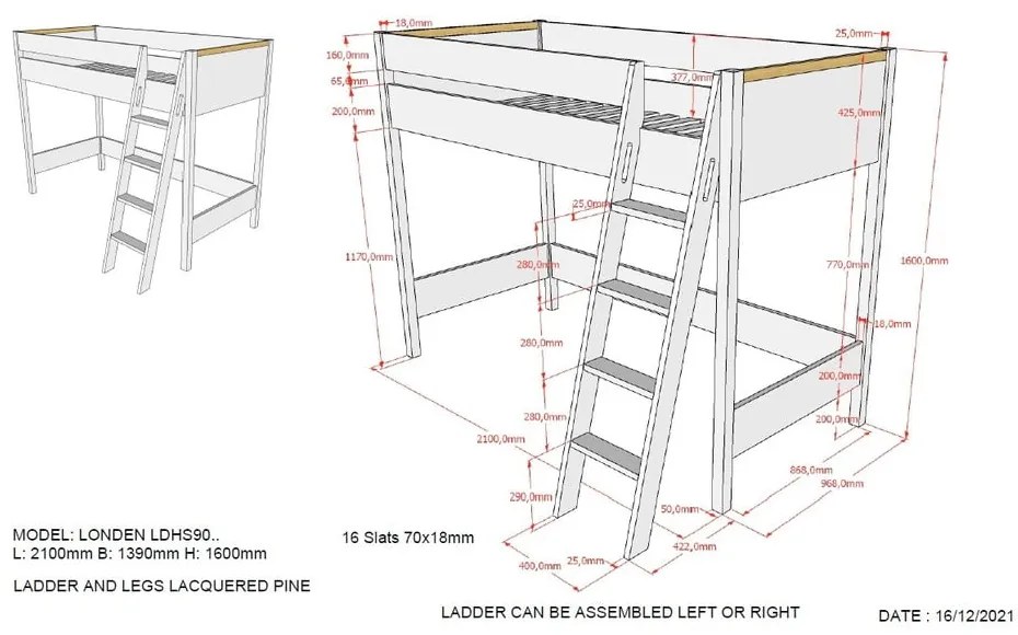 Białe podwyższone łóżko dziecięce Vipack Londen, 90x200 cm