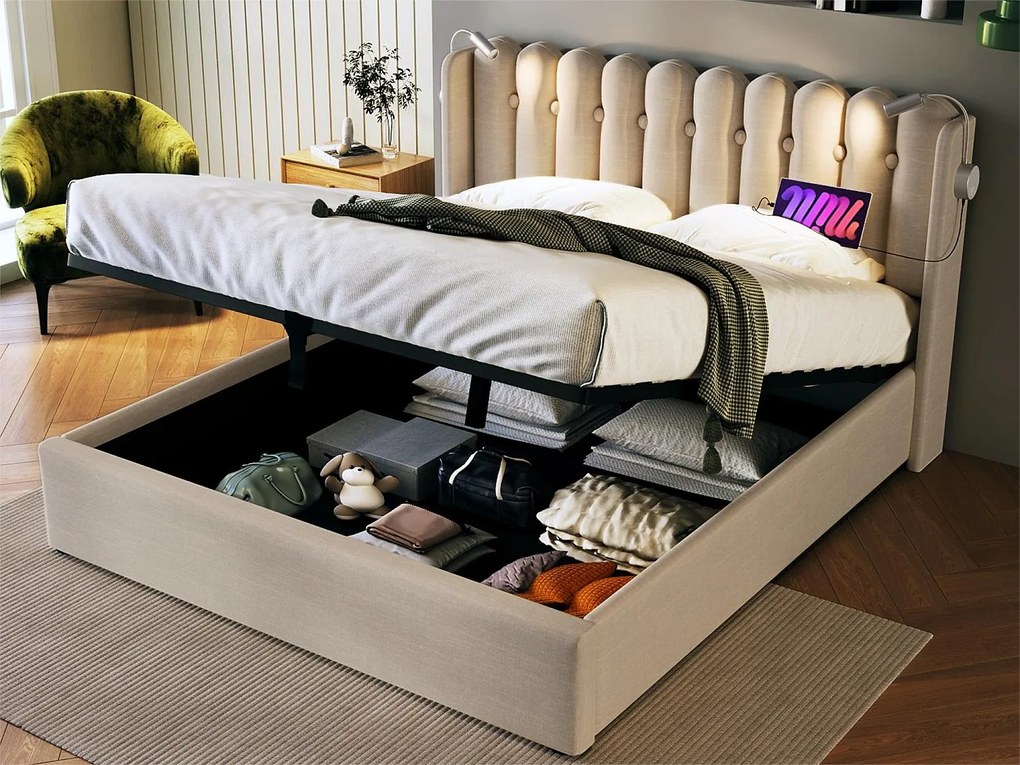 Łóżko ze schowkiem i zagłówkiem - 160 x 200 cm - lampka do czytania i port USB - tkanina lniana - kolor naturalny