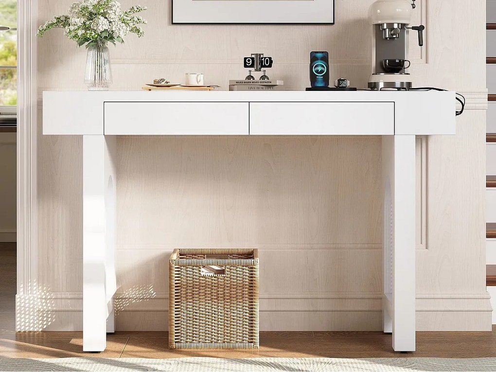Stół konsolowy 120x35,5x76,5cm - z 2 szufladami - z gniazdkiem elektrycznym - MDF - Biały