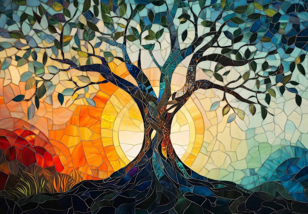 Fototapeta - Mozaika – słońce i drzewo I (196x136 cm)