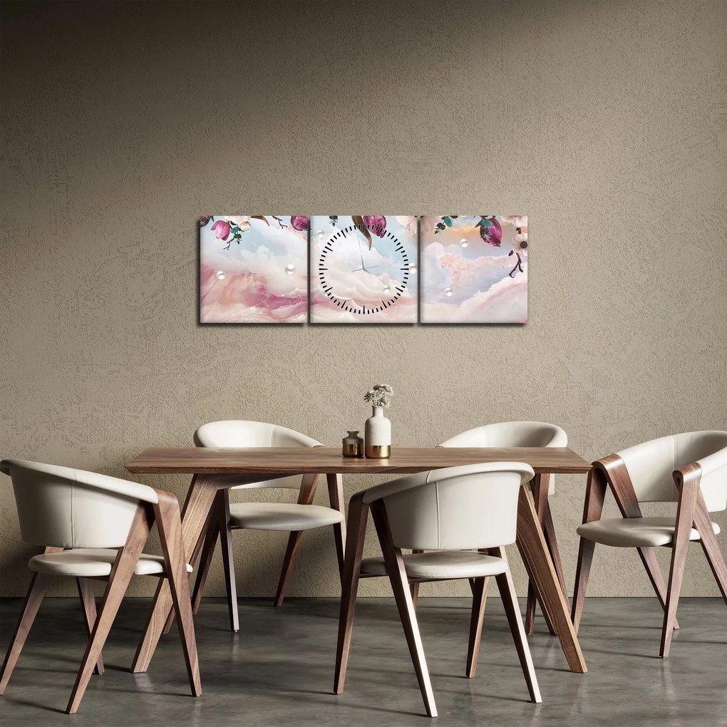 Obraz różowych kwiatów z różowym marmurem (z zegarem) (90x30 cm)