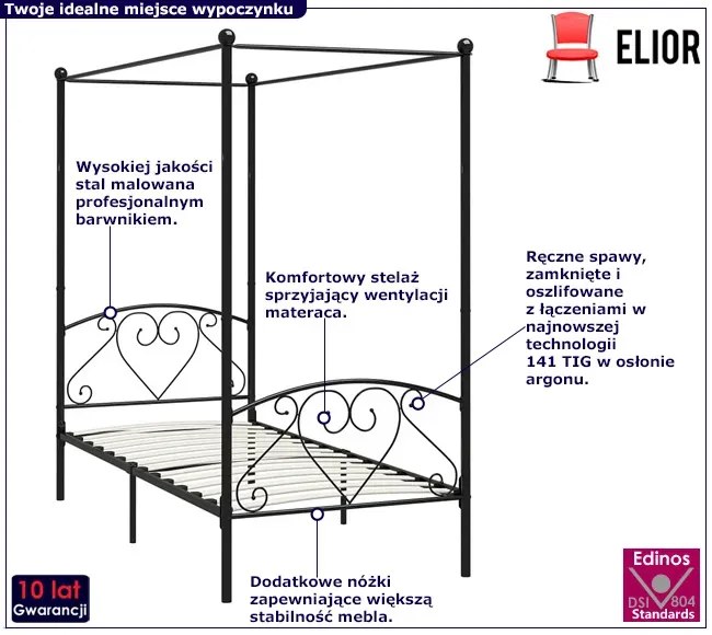 Czarne metalowe łóżko z baldachimem 90x200 cm - Nila