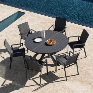 Zestaw Stołu 145-200x145 Cm Rozkładanego Barces I 6 Sztaplowanych Krzeseł Ogrodowych Z Podłokietnikami Z Aluminium Karena Grafitowa Szarość - Sklum