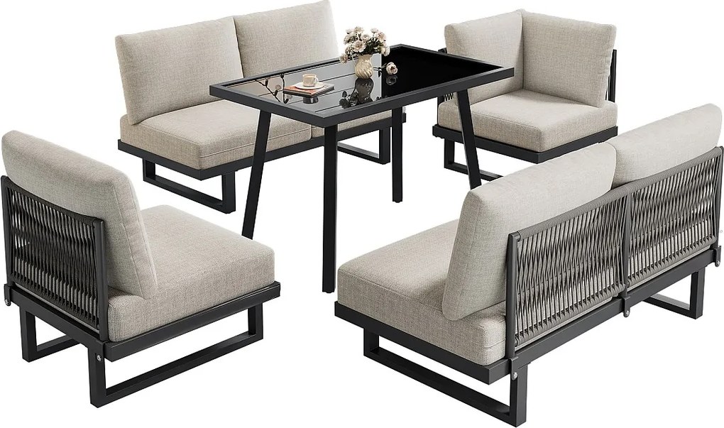 Zestaw mebli ogrodowych - Narożnik i stół jadalny - Przekształcalny w sofę - Stal ocynkowana - Szaro-beżowy