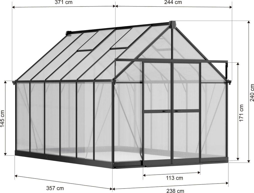 Szklarnia 240 x 244 x 371 cm, wzmocniona konstrukcja, poliwęglan 6 mm