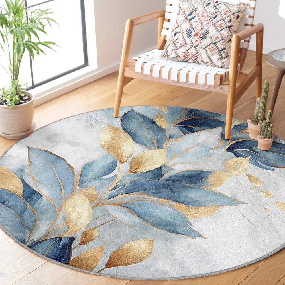 Okrągły dywan w niebiesko-złotym kolorze odpowiedni do prania ø 100 cm Golden Leaves – Mila Home