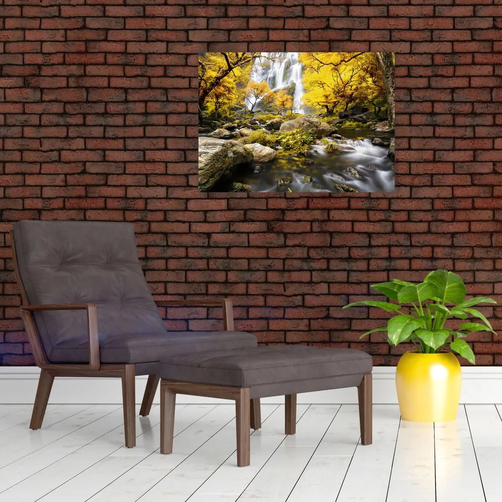 Obraz na szkle - Wodospady w jesiennym krajobrazie, żółty (70x50 cm)