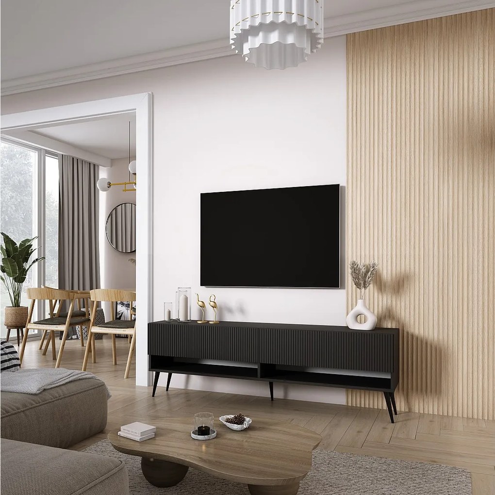 Szafka pod telewizor 170, fronty ryflowane, Czarny Mat, nóżki pochyłe czarne, 170 × 32 × 52 cm