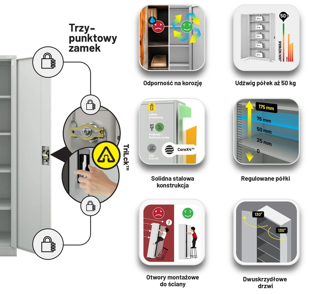 Biurowa szafa metalowa na akta JAN, 900 x 1850 x 400 mm szara