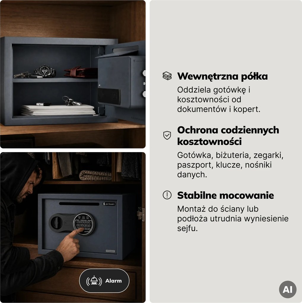 Mały sejf wrzutowy na kod, elektroniczny, na utarg i koperty, 350x250x250 mm: PIERCE