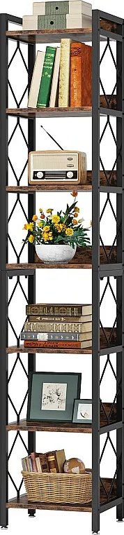 200 cm bardzo wysoka wąska biblioteczka, 7-poziomowa wąska biblioteczka do małych przestrzeni, wolnostojące półki, rustykalny brąz