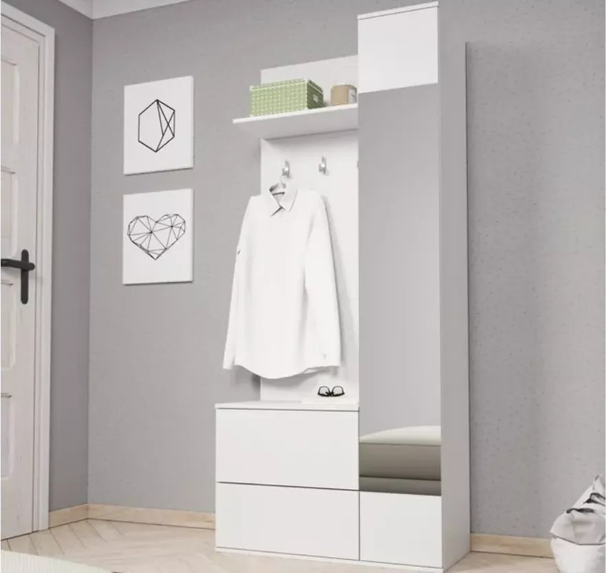 Garderoba Nepo biała 90 cm do przedpokoju z lustrem siedziskiem szafa nowoczesna push to open