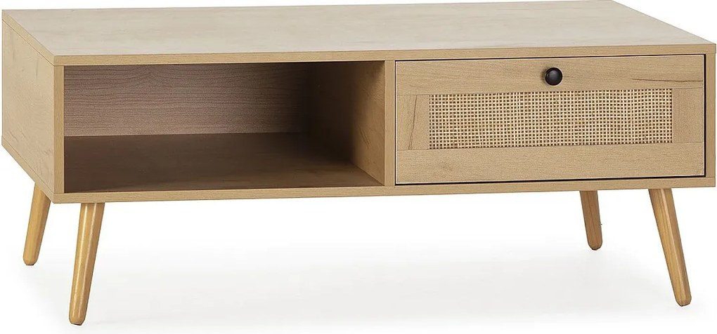 Stolik kawowy Bella z szufladą z wikliny w kolorze dębu.