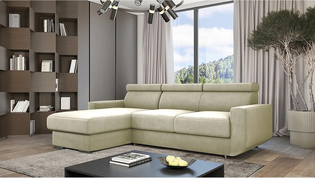 Emporius Braga narożnik z funkcją spania - pojemnik, regulowane zagłówki - sofa rozkładana, lewostronny, tkanina aksamitna, beżowy (Monolith 02)