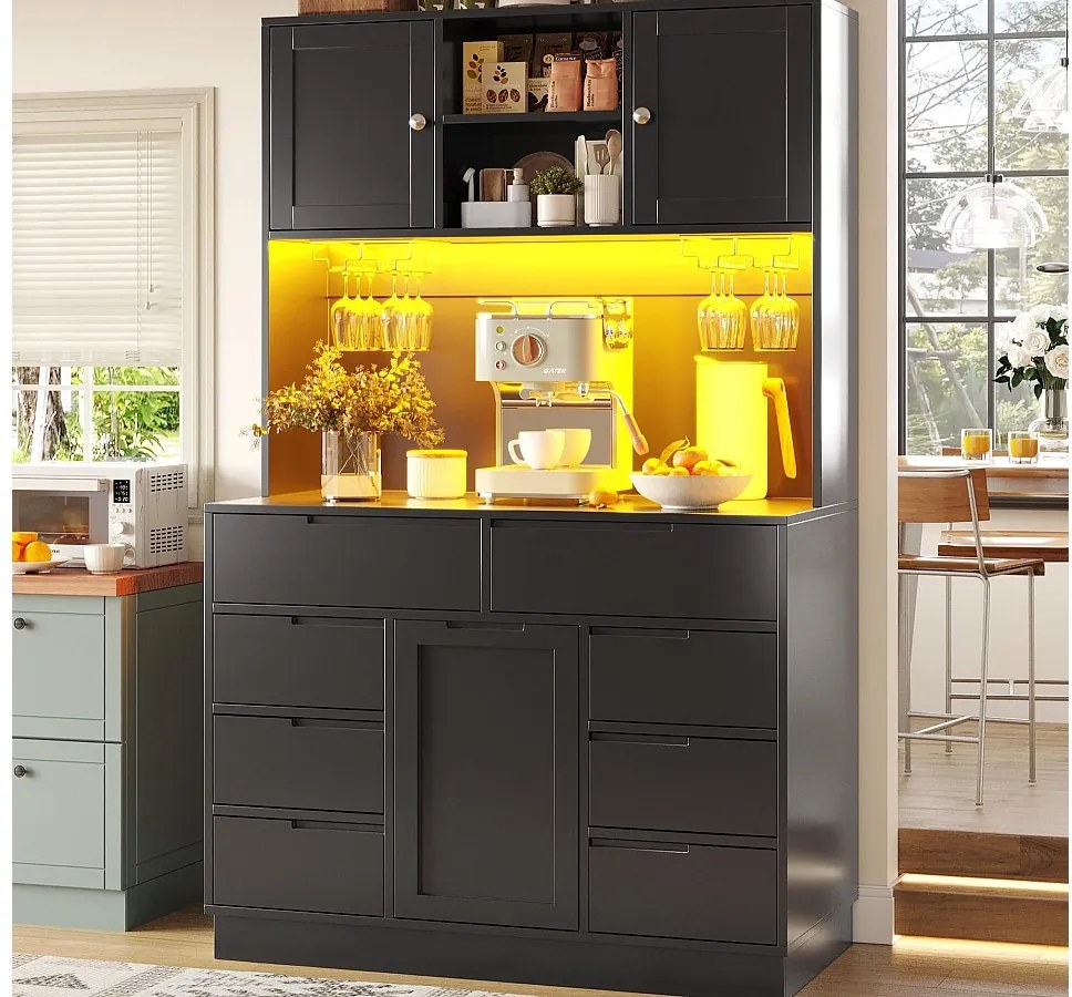 Mebel kuchenny - 120x40x183 cm - 2 drzwi i 8 szuflad - wieszak na kieliszki do wina - z oświetleniem LED i gniazdkiem elektrycznym - Czarny