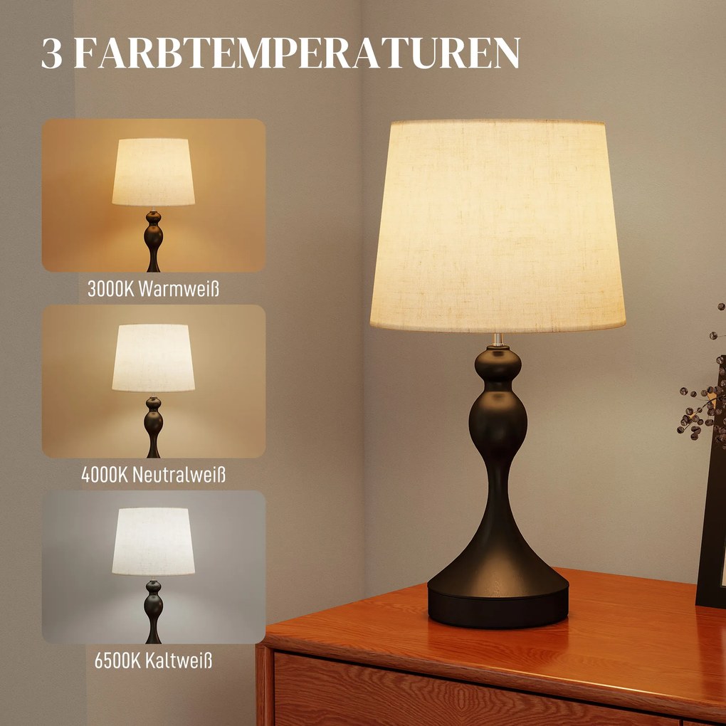 HOMCOM Lampa stołowa LED z 3 temperaturami barwowymi, lampka nocna z portami ładowania USB A+C, lniany abażur, czarna