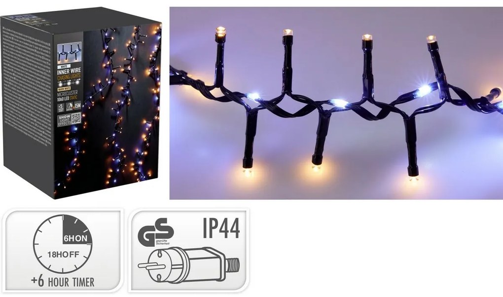 Zewnętrzny łańcuch świetlny Waterfall, 15 m, 1060 LED, ciepła i zimna biała, timer, IP44, 15 m
