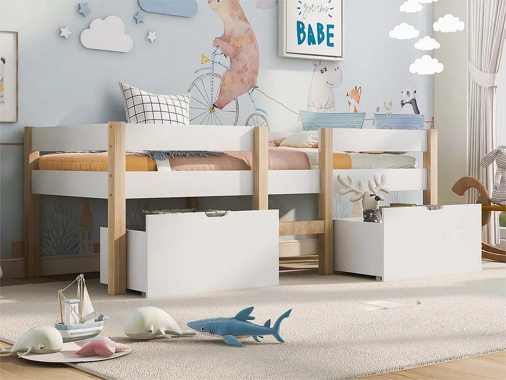 Łóżko mezzanine z litego drewna sosnowego z szufladami - 90x190 cm - Białe