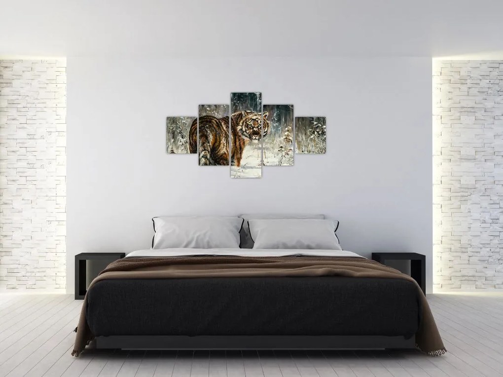 Obraz - Tygrys w zaśnieżonym lesie, obraz olejny (125x70 cm)
