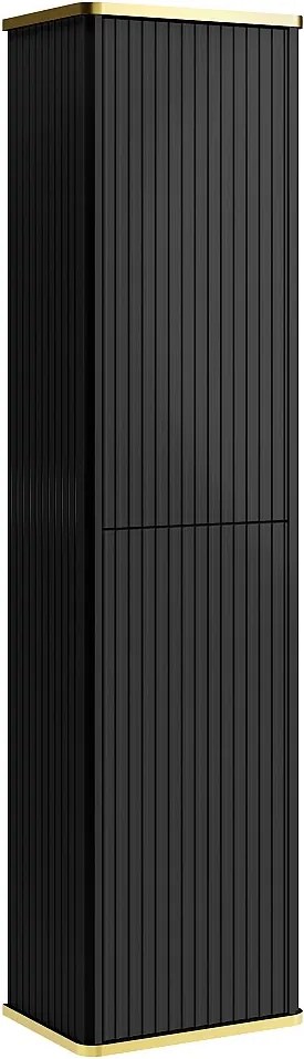 Wisząca prążkowana kolumna łazienkowa ze złotą lamówką - Czarna - W140 cm - KELIZA