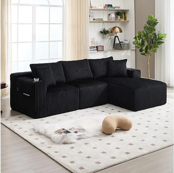 Modułowa Sofa Narożna 3-osobowa, z Korbu, z Uchwytem na Napoje, Poduszkami i Bocznymi Kieszeniami, Leżanka 118cm, Czarny