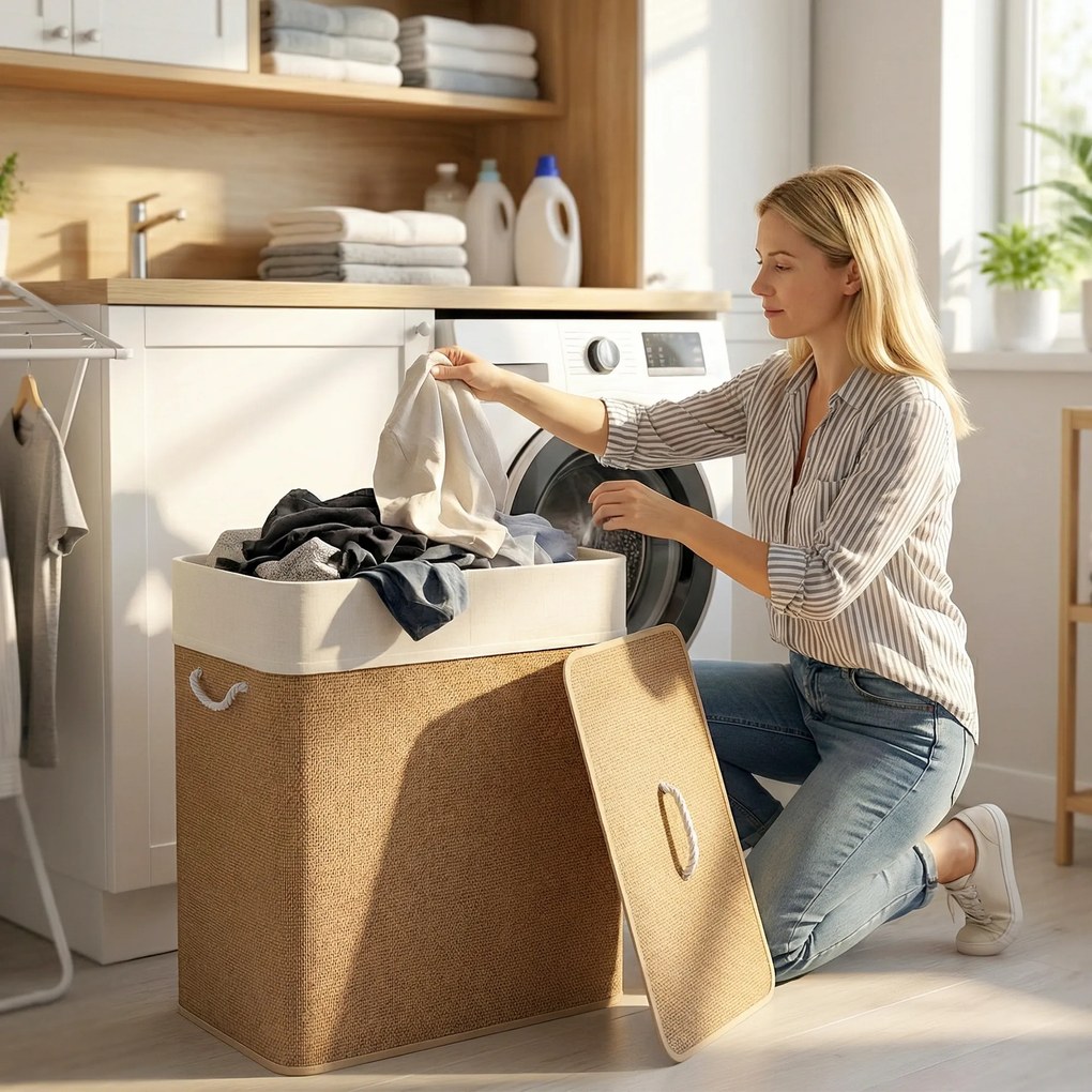 HOMCOM Kosz na pranie z bambusa z pokrywą 2 komory 100 L, kosz na bieliznę z uchwytami z liny, wymienny worek na pranie