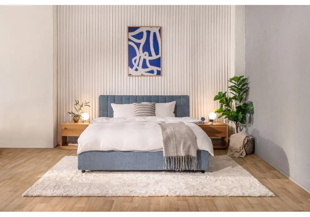 Niebieskie tapicerowane łóżko podwójne z miejscem do przechowywania z materacem/kratką 180x200 cm Myra Slim Line - Bonami Selection