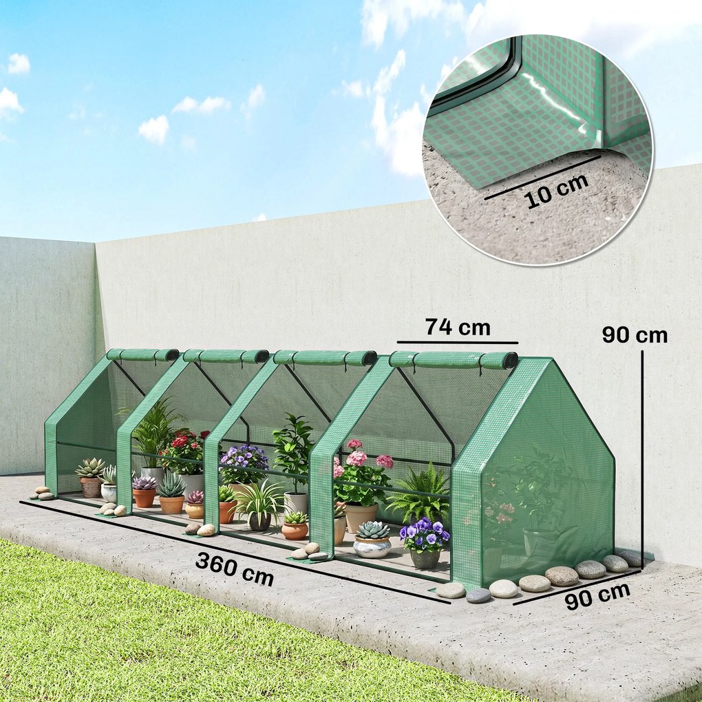 Outsunny Szklarnia z zamkiem błyskawicznym, mrozoodporna szklarnia foliowa ze stali 360 x 90 x 90 cm Zielona | Aosom PL