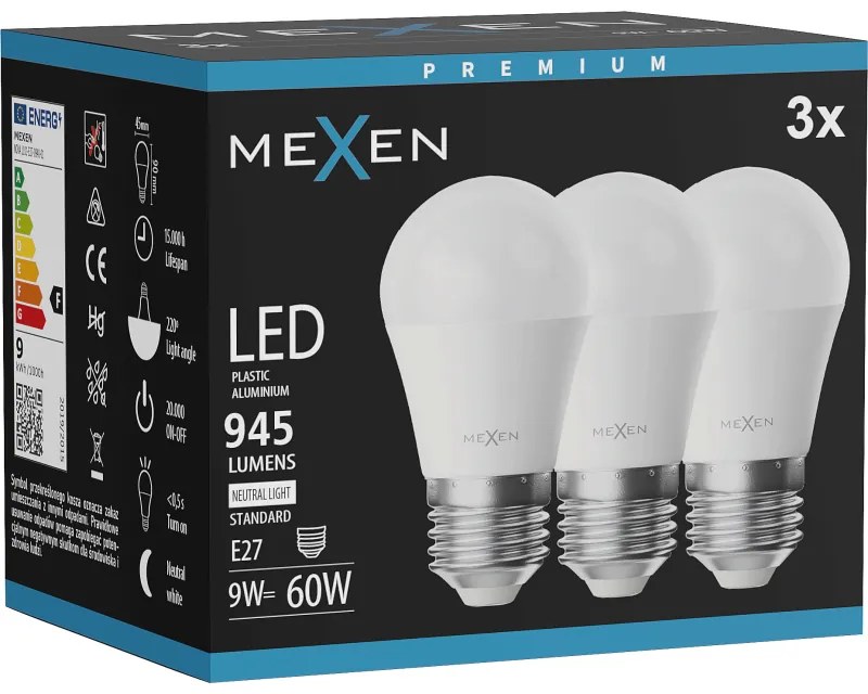 Mexen Nova 3x żarówka LED E27, G45, 9W, Neutralna - 4000K, 945 lm - L101-E27-0940-01x03